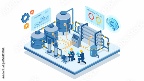 Isometric Water Treatment Plant with Engineers Monitoring AI, Flow Rate, and Membrane Fouling – Digital Transformation in Industrial Water Purification