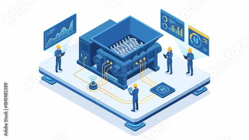 Isometric Industrial Shredder Machine Monitored by Engineers with Data Analysis Dashboards for Waste Management and Recycling Technology