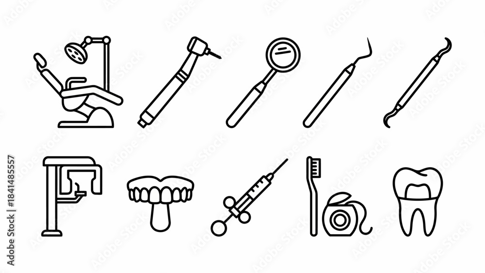 Obraz premium Isometric Dental Care Icons: Dentistry Equipment and Tools Line Art - Oral Hygiene, Teeth Health, and Medical Treatment Concepts