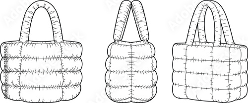 Puffer quilted tote bag illustration showing front, side, and angled views, padded handbag design sketch for fashion accessories and product development templates