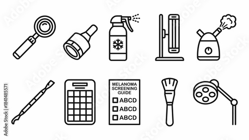 Isometric Skin Cancer Screening Equipment Icons: Melanoma Guide, Magnifying Glass, and Medical Tools
