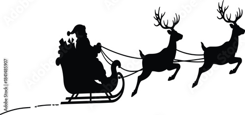Santa sleigh silhouette, flying reindeer sketch, Christmas festive art, holiday gift scene, black and white seasonal illustration