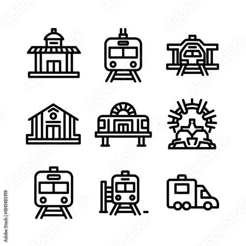 Collection of Black and White Train and Station Icons in Linear Style.