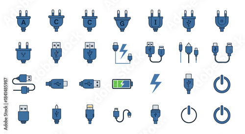 Collection of Blue USB and Power Plug Icons.