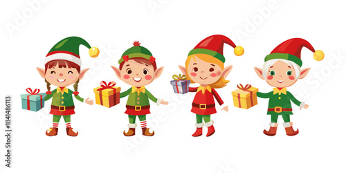 set of Christmas elf character Isolated on transparent background. Smiling elf. Happy elf with gift .vector icon