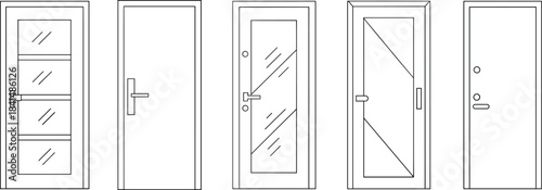 Set of modern interior and exterior door illustrations showing various designs, glass panel styles, handles and minimal line art architectural elements