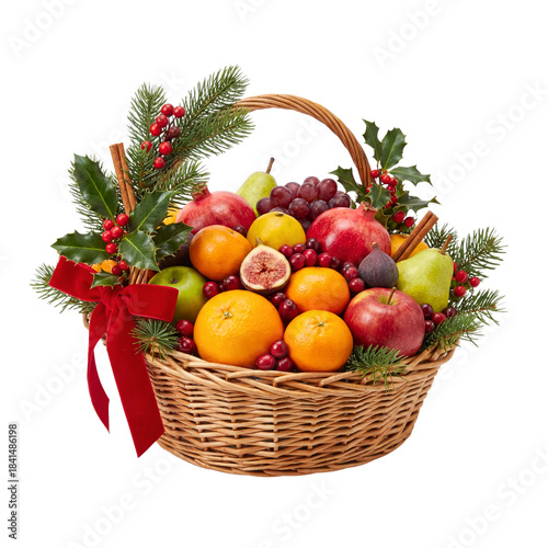 Festive fruit basket with christmas decorations on white background.