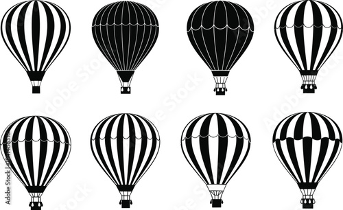 Set of black and white hot air balloon silhouettes and line art designs in various shapes for travel vector illustration