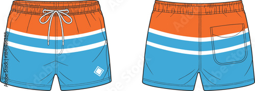 Colorful men’s swim shorts design illustration showing front and back views with stripes, drawstring waistband, and pocket details for apparel templates