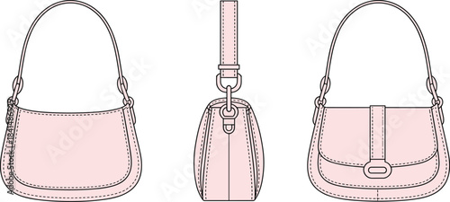 Pink handbag design illustration showing front, side, and back views of stylish women’s shoulder purse for fashion accessories, product display, and branding