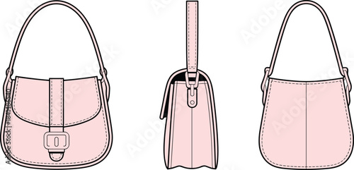 Pink handbag design illustration featuring front, side, and back views of stylish women’s shoulder purse with buckle flap for fashion accessories