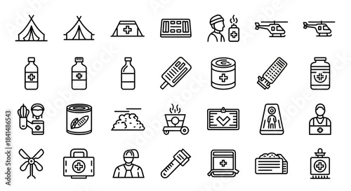Collection of disaster relief and humanitarian aid icons.
