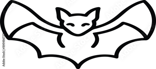 Stylized bat silhouette with wings spread wide, bold outline design, mysterious nocturnal animal symbol, Halloween emblem, fantasy creature illustration