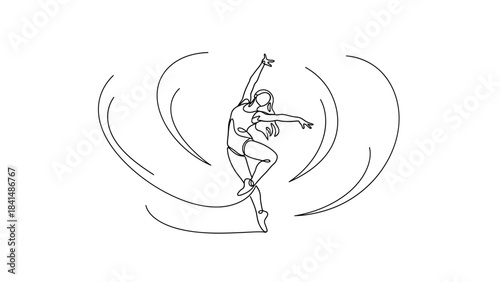 dynamic single line art of a dancer performing an elegant ballet pose with swirling motion lines