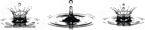 Set of detailed water droplet splash illustrations showing crown effects and ripples for liquid motion, nature design, backgrounds, and abstract artwork