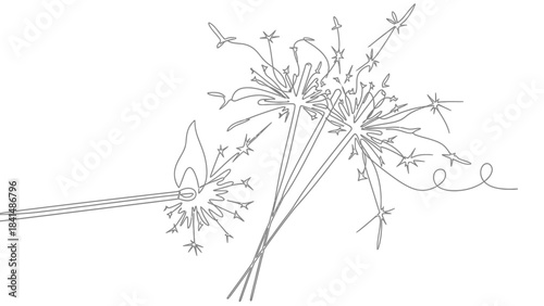 A continuous line drawing of a match igniting sparklers on a white background creating a festive