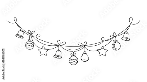 Festive christmas garland with bells stars and ornaments on a white background