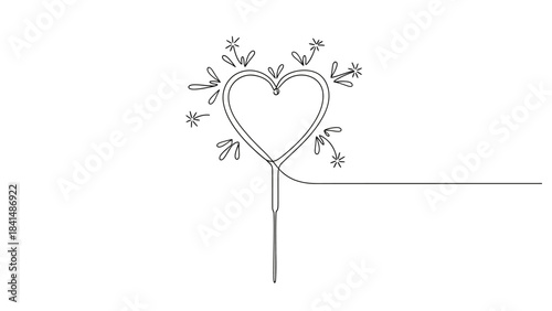 Minimalist continuous line drawing of a heart-shaped sparkler with a celebratory flare
