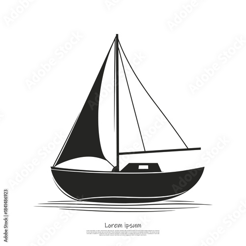 This image shows a sleek black icon of a sailboat with a tall mast and sails on water