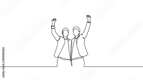 Two business men celebrating success with raised fists in a line art drawing