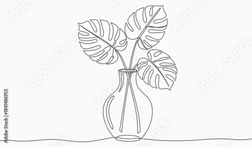 Monstera leaves in a glass vase sketch illustration
