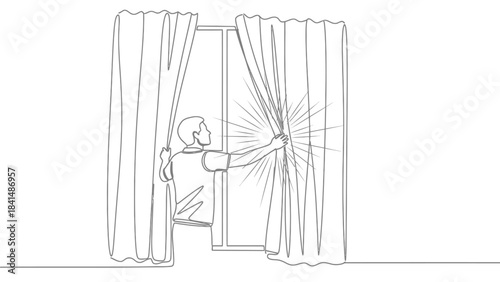 A person is opening the curtains to let in the sunlight and radiate light