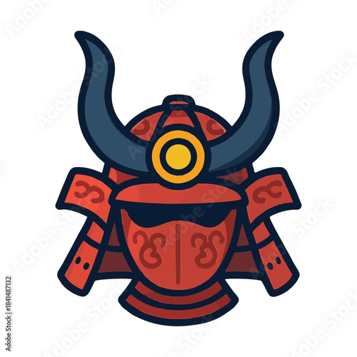 Red Japanese samurai helmet with curved black horns, yellow forehead emblem, and ornate side guards in cartoon style.