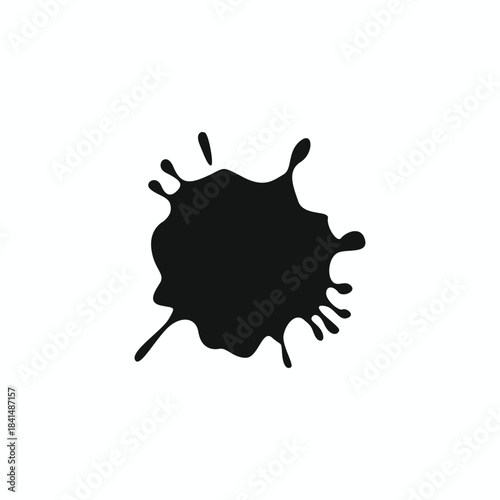 Single, large black ink splatter vector graphic with realistic drops and stains. Ideal paint blot or grunge element for distressed texture, abstract backgrounds, and urban design