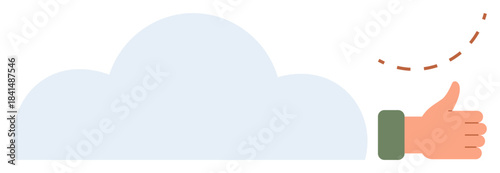 Hand showing thumbs up sign near a cloud with dashed motion lines. Ideal for positivity, approval, success, simplicity, optimism, support, and teamwork concepts in a simple flat metaphor
