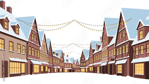 A snowy village street with red and brown buildings and string lights on a blue sky day