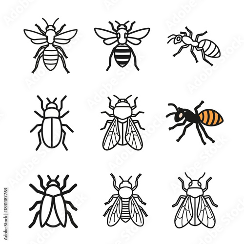 Collection of nine stylized insect icons featuring bees, ants, and flies in a simple black line art style.