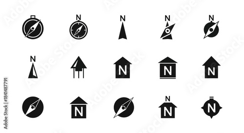Collection of North Direction Icons in Black and White.