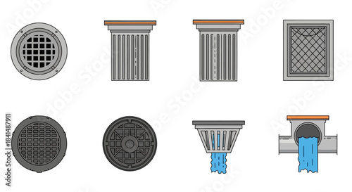Collection of Various Drainage Systems and Manhole Covers in Different Styles.