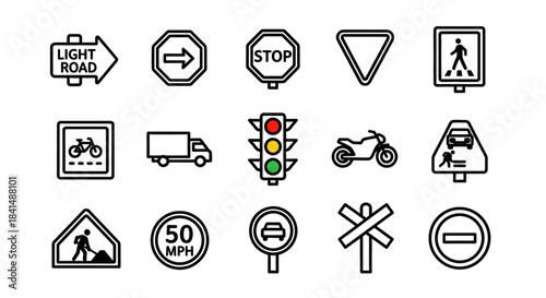 Collection of Road and Traffic Sign Icons for Road Safety and Navigation.