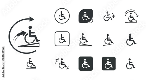Collection of wheelchair accessibility symbols and icons for disabled access.