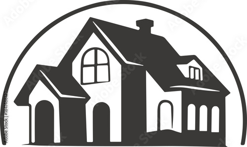 Stylized house silhouette illustration with multiple rooflines, chimney, arched windows, bay window, front entrance, real estate architecture vector logo design