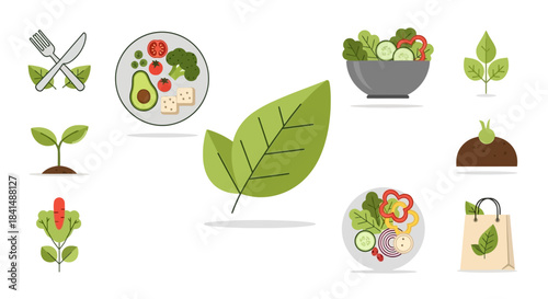 Collection of Vegan Food and Green Leaf Illustrations for Healthy Lifestyle.