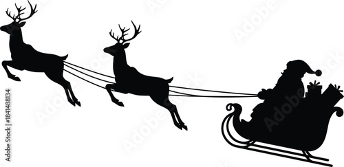 Santa sleigh silhouette, flying reindeer sketch, Christmas festive art, holiday gift scene, black and white seasonal illustration