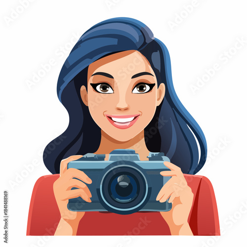 Smiling Woman Holding Digital Camera, Capturing Moments with Joyful Expression