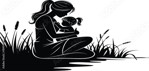 Stylized silhouette illustration of a serene mother holding and gazing at her small child in a field of tall grass, depicting eternal family love, closeness, and maternal devotion.
