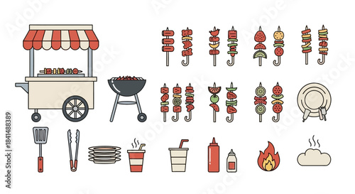 Colorful BBQ and Grill Icon Set with Food Cart and Skewers.