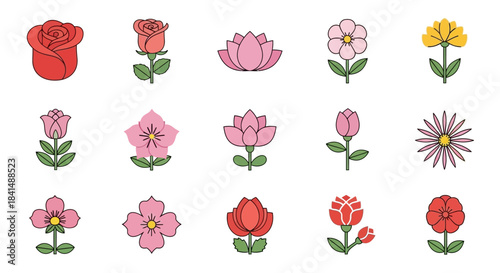 Collection of Stylized Flower Illustrations in Various Colors and Shapes.
