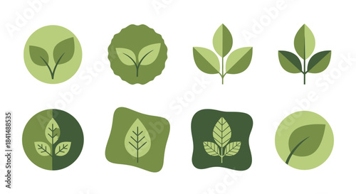Collection of stylized green leaf logos and icons, eco-friendly plant designs.
