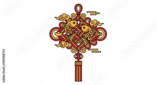 Vector illustration of a red and golden yellow Chinese Knot ornament decorated with two Koi Fish (carp) and clouds