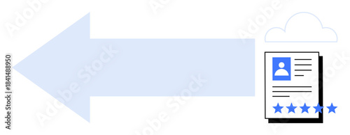 Blue arrow pointing to a profile document with a five-star rating and cloud symbol, representing data transfer, cloud storage, profile management, and digital communication. Ideal for recruitment
