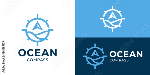 Creative simple ocean compass logo template. North compass with blue wave logo design vector illustration.