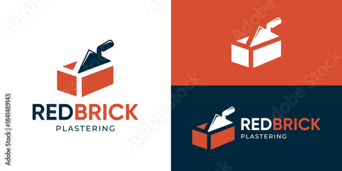 Creative simple red brick logo template. Brick with trowel cement for Home build logo design vector illustration.