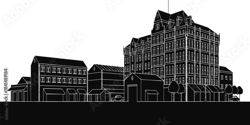Urban cityscape architecture sketch, historic building silhouette, black and white street scene, ornate facade illustration, planning concept art