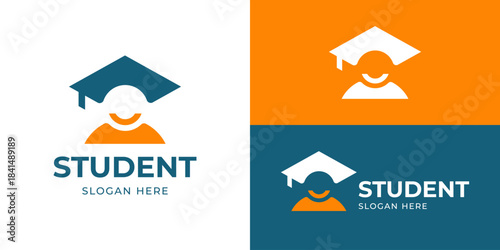 Creative simple student logo template. Abstract people smile graduation cap symbol for study logo design vector illustration.