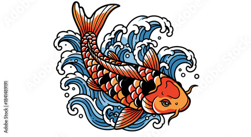 An iconic illustration of a Koi (Carp) with orange, black, and gold scales, swimming against dynamic blue waves.